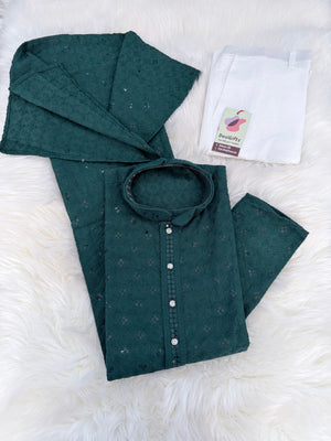 Men & Boys Green Rayon Chikankari with Sequins Kurta Pajama Set | Matching Father Son Festive Outfit with Sequin Work, DM -2078