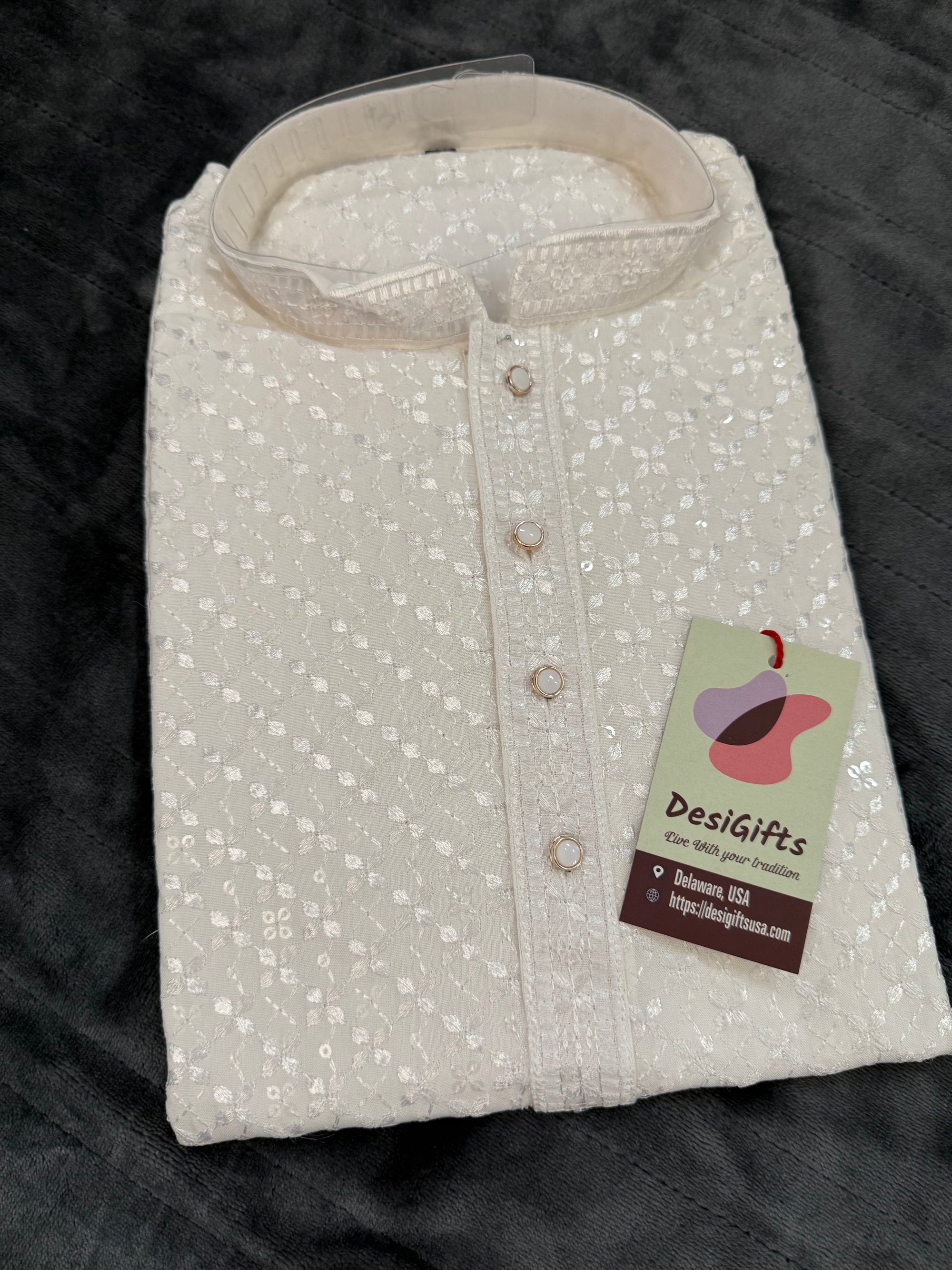 White Chikankari Shirt-Style Short Kurta with Sequins – Ethnic Casual Kurta, SK - 1936