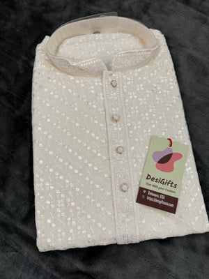 White Chikankari Shirt-Style Short Kurta with Sequins – Ethnic Casual Kurta, SK - 1936
