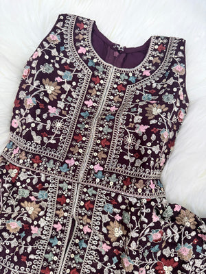 Baby Girls’ Designer Embroidered Palazzo Set in Navy Blue & Wine, Festive Indian Ethnic Palazzo Outfit with Dupatta, Partywear Dress for Kids, GRL-2090