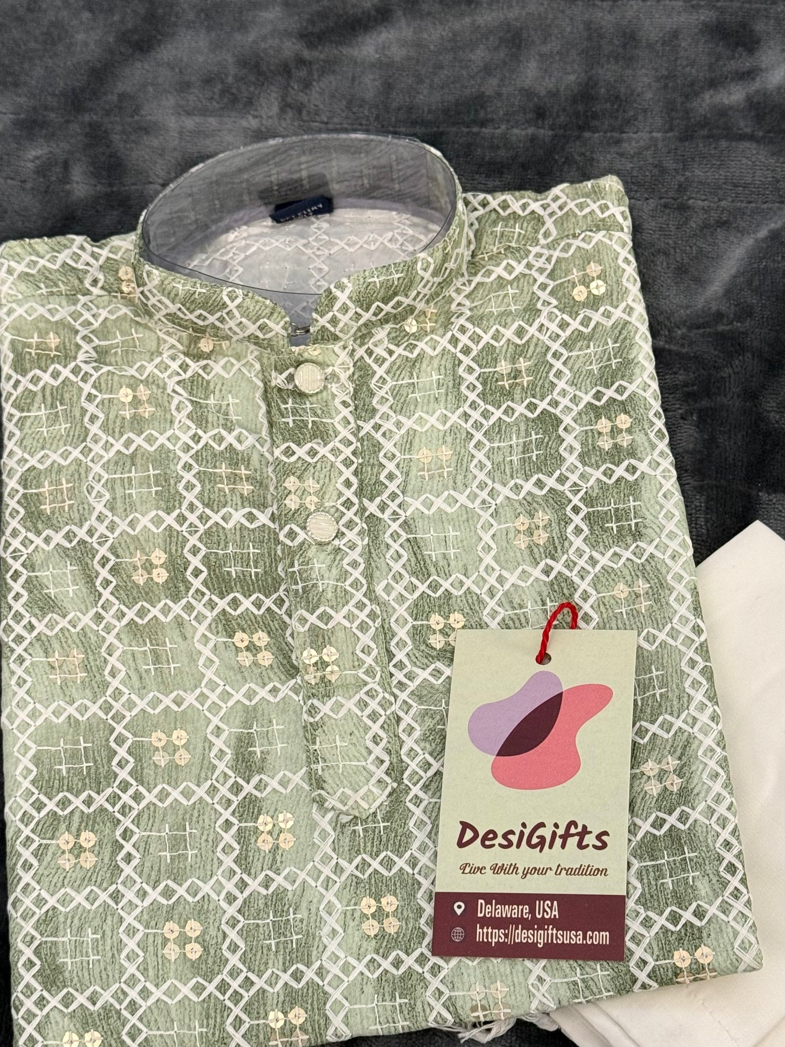 Green Shade Boy's Soft Cotton Silk Self Design with Sequins Kurta Pajama - Design BOY-1916