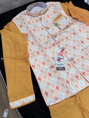 Men's Kurta Pajama with Jacket | Yellow Kurta with Printed Jacket Set for Indian Weddings, Festivals | Silk 3-Piece Outfit | KPJ-2054