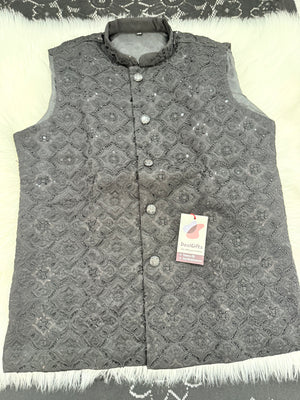 Premium Black Heavy Embroidered Jacket for Men – Sequin & Thread Work Wedding Waistcoat J - 3035