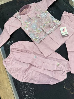 Onion PInk Shade 4 Piece Boy's Cotton  Silk Ethnic Kurta with Jacket, Dhoti and Pajama- Design B-2026
