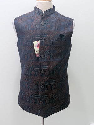 Men’s Navy Blue Brocade Nehru Jacket – Multicolor Woven Design Indian Wedding Waistcoat, Festive Modi Jacket, J-3090