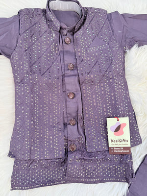 Boys Dusty Lavender Purple Sherwani Style Kurta Pajama with Embroidered Jacket | 3-Piece Indian Outfit- Design B-4060