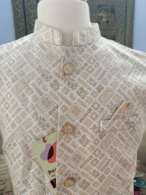 Men’s Light Beige Brocade Nehru Jacket – Blended Silk Indian Sadri, Festive Wedding Waistcoat, Ethnic Modi Jacket, J-3075