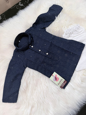 Men & Boys Navy Rayon Chikankari with Sequins Kurta Pajama Set | Matching Father Son Festive Outfit with Sequin Work, DM -2077