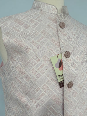 Men’s Pastel Pink Nehru Jacket – Self Woven Silk Indian Sadri, Festive Wedding Waistcoat, Ethnic Modi Jacket for Men, J-3073