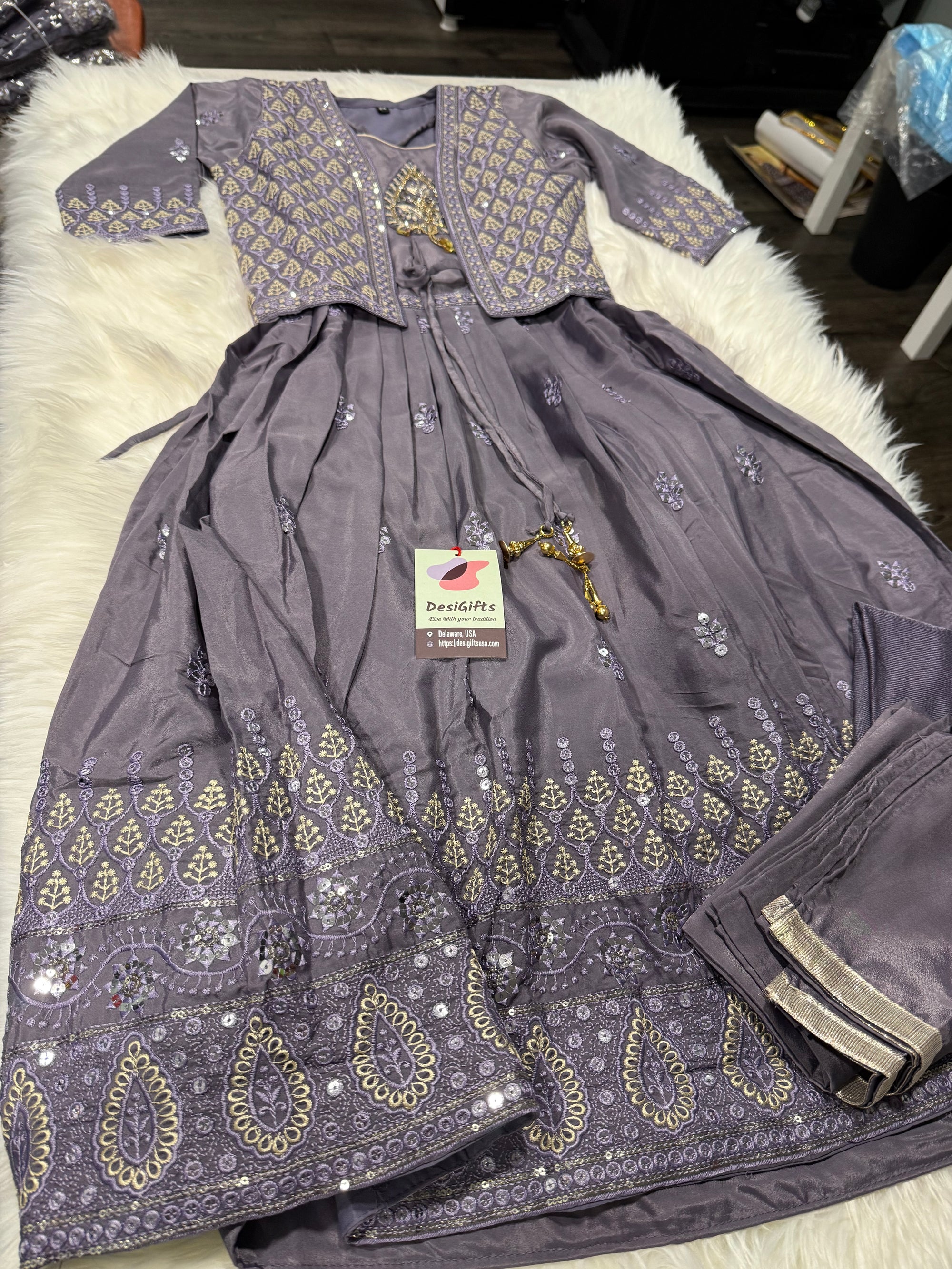 Classic Pastel Purple Dress with Jacket & Dupatta Set for Girl, Indian traditional Girl Dress, GRL - 1946
