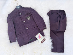 Boys Plum Purple Jacquard Indo-Western Suit Set | Paisley Bandhgala Jacket with Matching Pants | Wedding & Festive Wear- B-4050