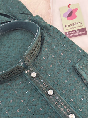 Green Shade Chikankari Embroidery with Sequins 2 Piece Viscose Rayon Kurta Pajama Set, Indian Partywear Kurta SetKP-1978