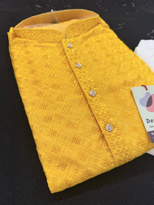 Men & Boys Marigold Yellow Rayon Chikankari with Sequins Kurta Pajama Set | Matching Father Son Option Festive Outfit with Sequin Work, DM -1422