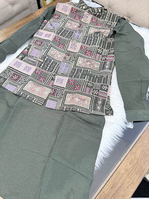 Stylish Men’s 3-Piece Olive Green Shade Kurta Pajama Set with Embroidered Sequins Jacket, Silk Ethnic Wear for Wedding & Festive, KPJ-2034