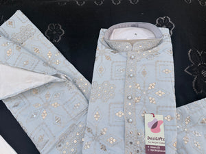 Men’s Ice Blue Embroidered Kurta Pajama Set | Silver Zari-Style, Sequin Work | Indian Wedding Wear, KP-4026
