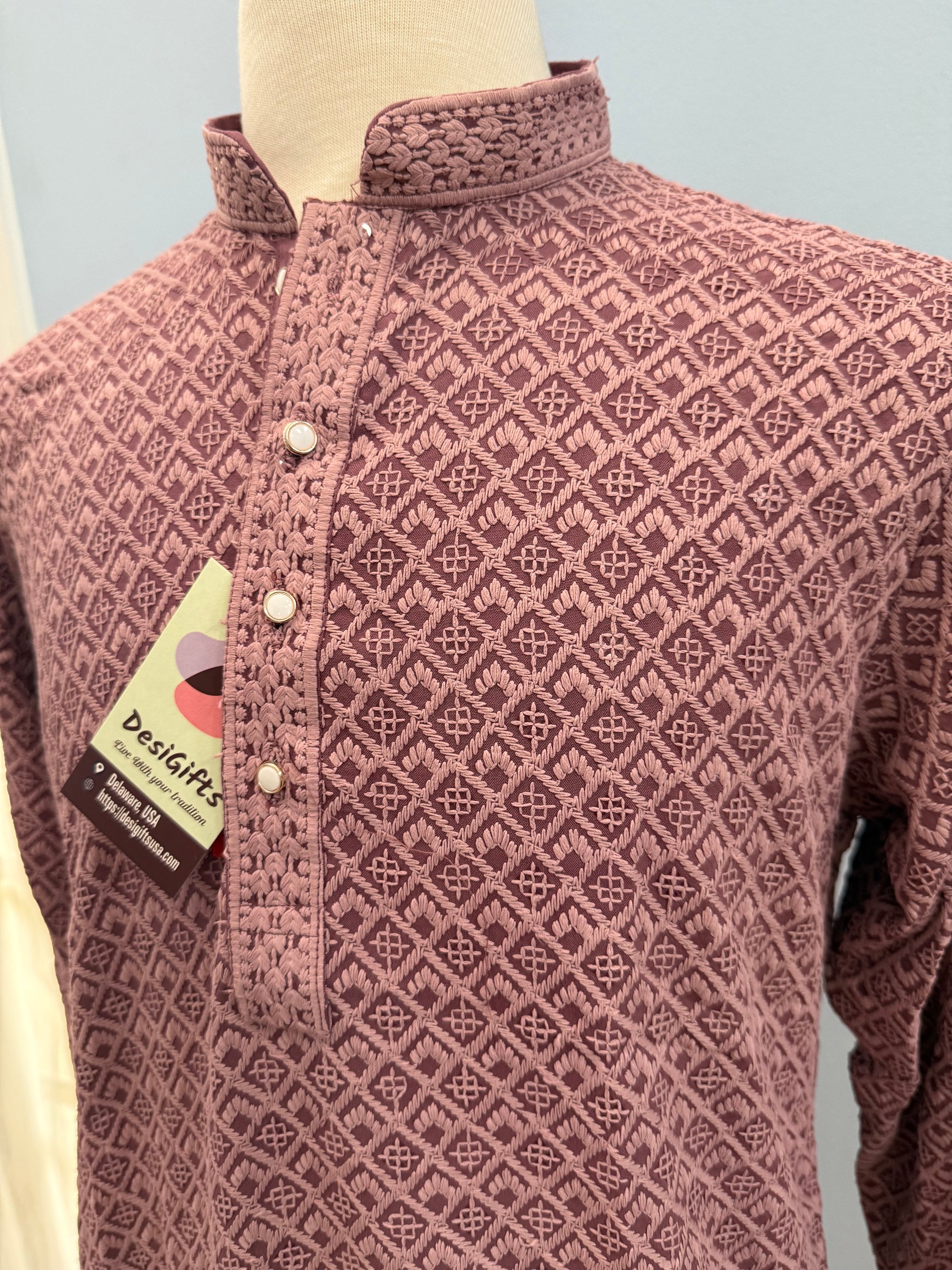 Onion Shade Chikankari Shirt-Style Short Kurta with Sequins – Ethnic Casual Kurta, SK - 1935