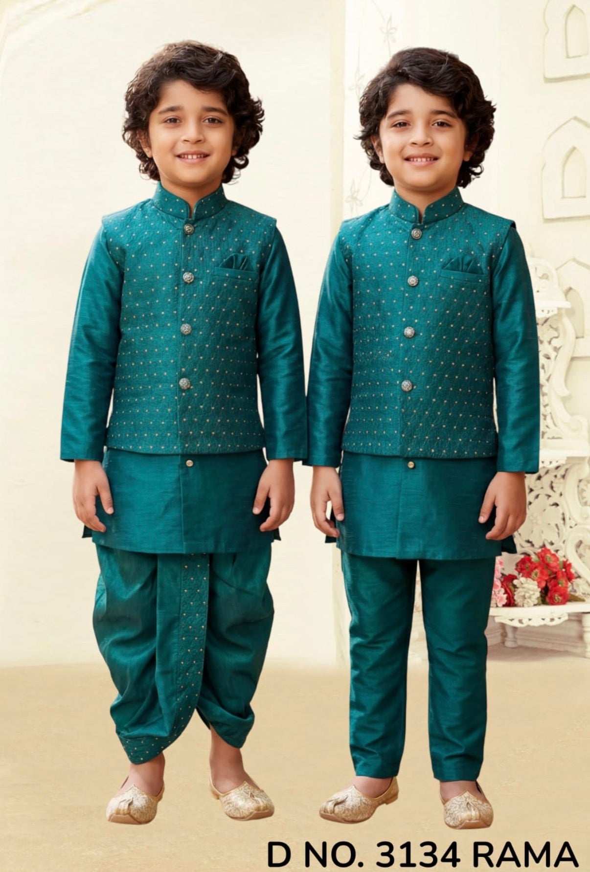 Boys Teal Green Kurta Set with Textured Jacket, Dhoti & Pajama Options – Festive Ethnic Wear,- Design B-2024
