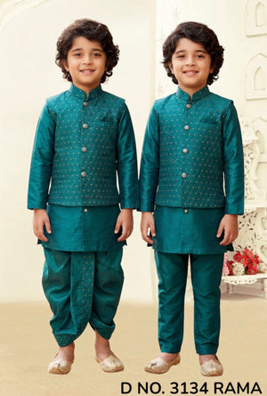 Boys Teal Green Kurta Set with Textured Jacket, Dhoti & Pajama Options – Festive Ethnic Wear,- Design B-2024