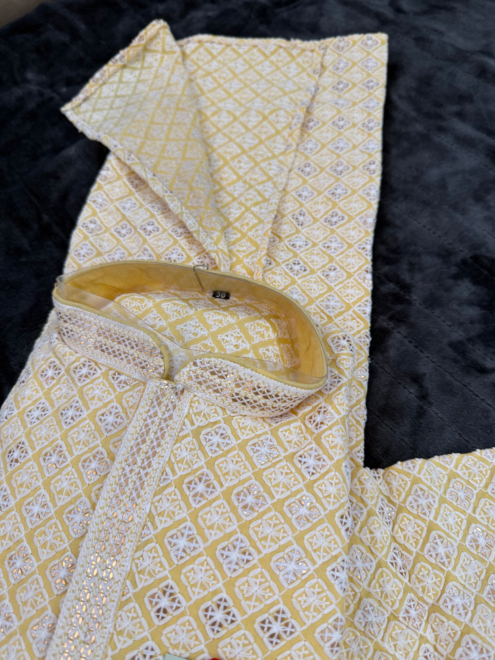 Pastel Yellow Men's kurta pajama set with embroidery and sequins. Two-piece Indian traditional outfit for special occasions., KP - 1938