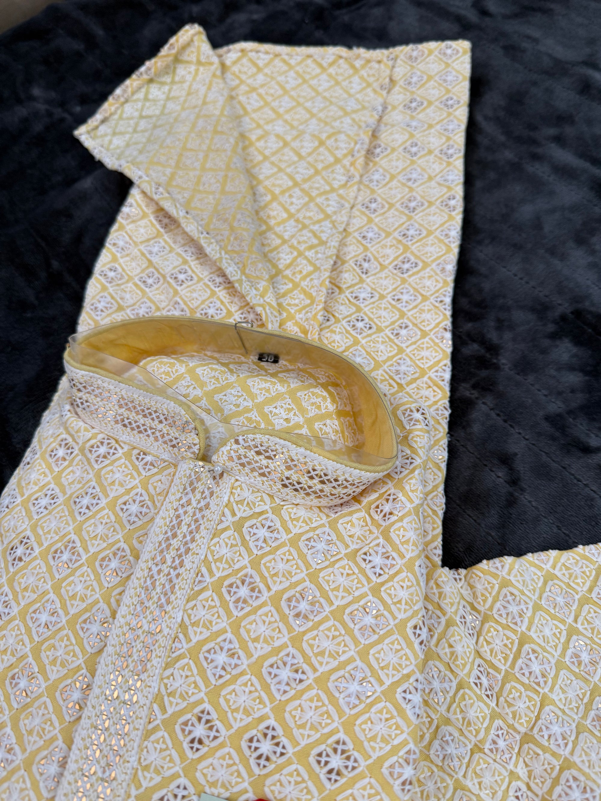 Pastel Yellow Men's kurta pajama set with embroidery and sequins. Two-piece Indian traditional outfit for special occasions., KP - 1938