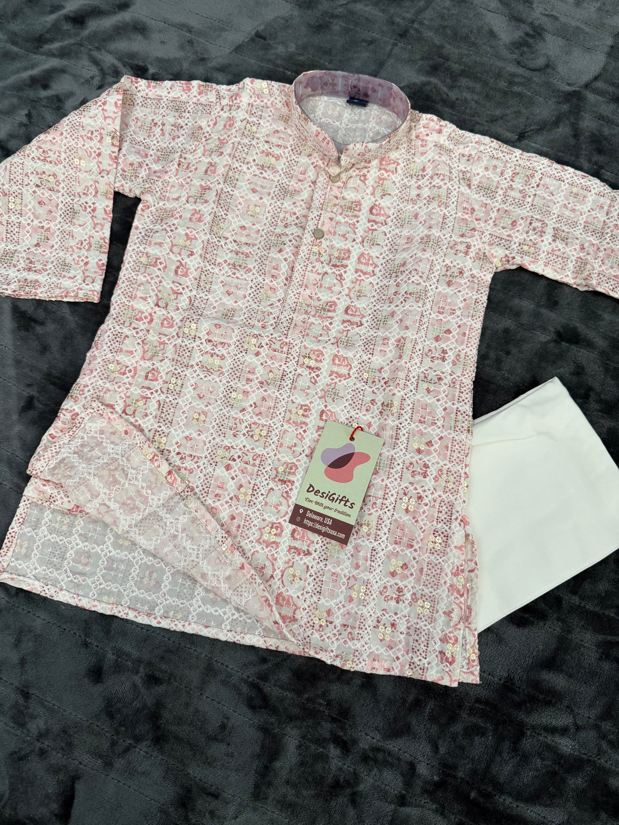 Pink Shade Boy's Soft Cotton Silk Self Design with Sequins Kurta Pajama - Design BOY-1917
