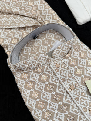 Tan Shade Men's Kurta Pajama set with Embroidery and Sequins. Two-piece Indian traditional outfit., KP - 2029