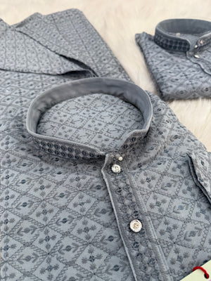 Gray Chikankari Rayon with Sequins 2 Piece Kurta Pajama Set, Father or Son's Outfit, DM -1981