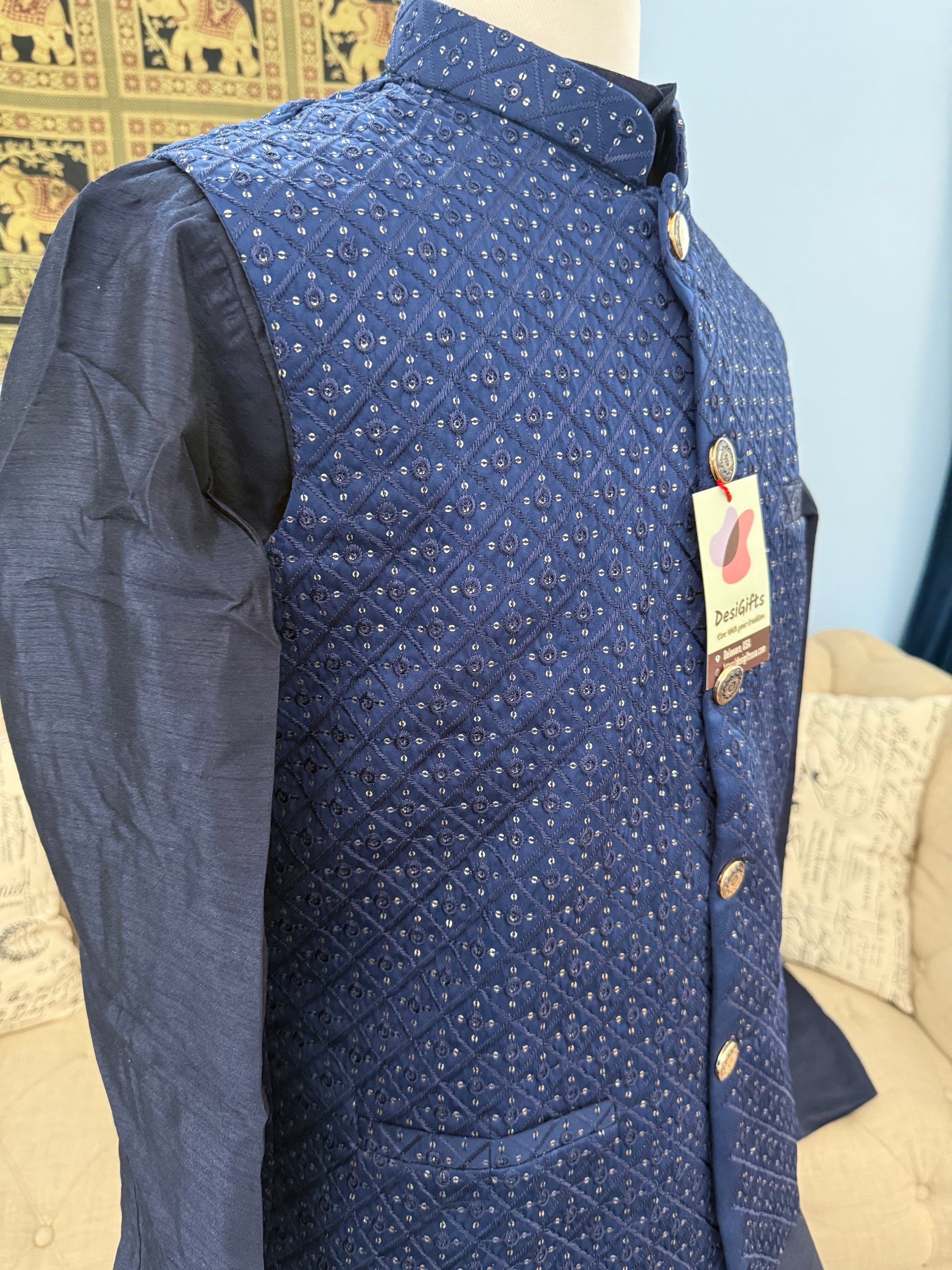 Admiral Blue Shade 3 Piece Kurta Pajama, Pant Style, with Embroidered Sequins Jacket Set-Silk Fabric, JKP- 1923
