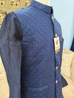 Admiral Blue Shade 3 Piece Kurta Pajama, Pant Style, with Embroidered Sequins Jacket Set-Silk Fabric, JKP- 1923