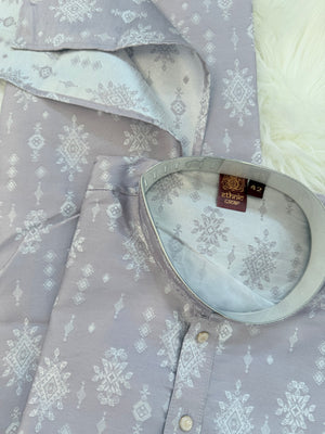 Pastel Purple Jacquard Silk Kurta Pajama Set with Off White Self woven work for Men, KPS-3026