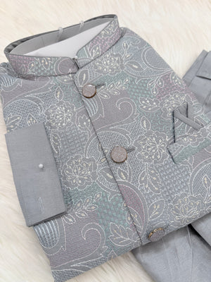 Luxury Everlasting Gray Silk 3-Piece Kurta Pajama with Stylish Jacket, Men’s Festive & Wedding Wear Set, KPJ-2032
