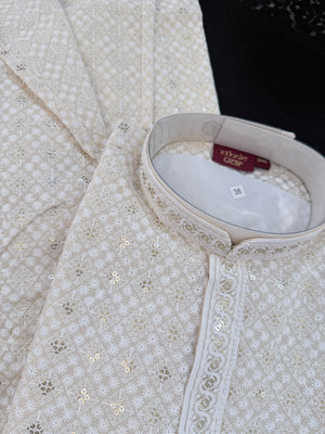 Ivory Cream Embroidered with Sequins Kurta Pajama for Men | Traditional Indian Threadwork Ethnic Outfit, KP - 3023