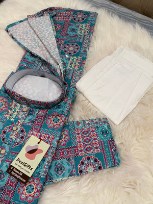 Premium Cyan Blue Embroidered Kurta Pajama Set – Viscose Rayon with Printed & Sequin Detailing | Traditional Outfit | KPS-2033