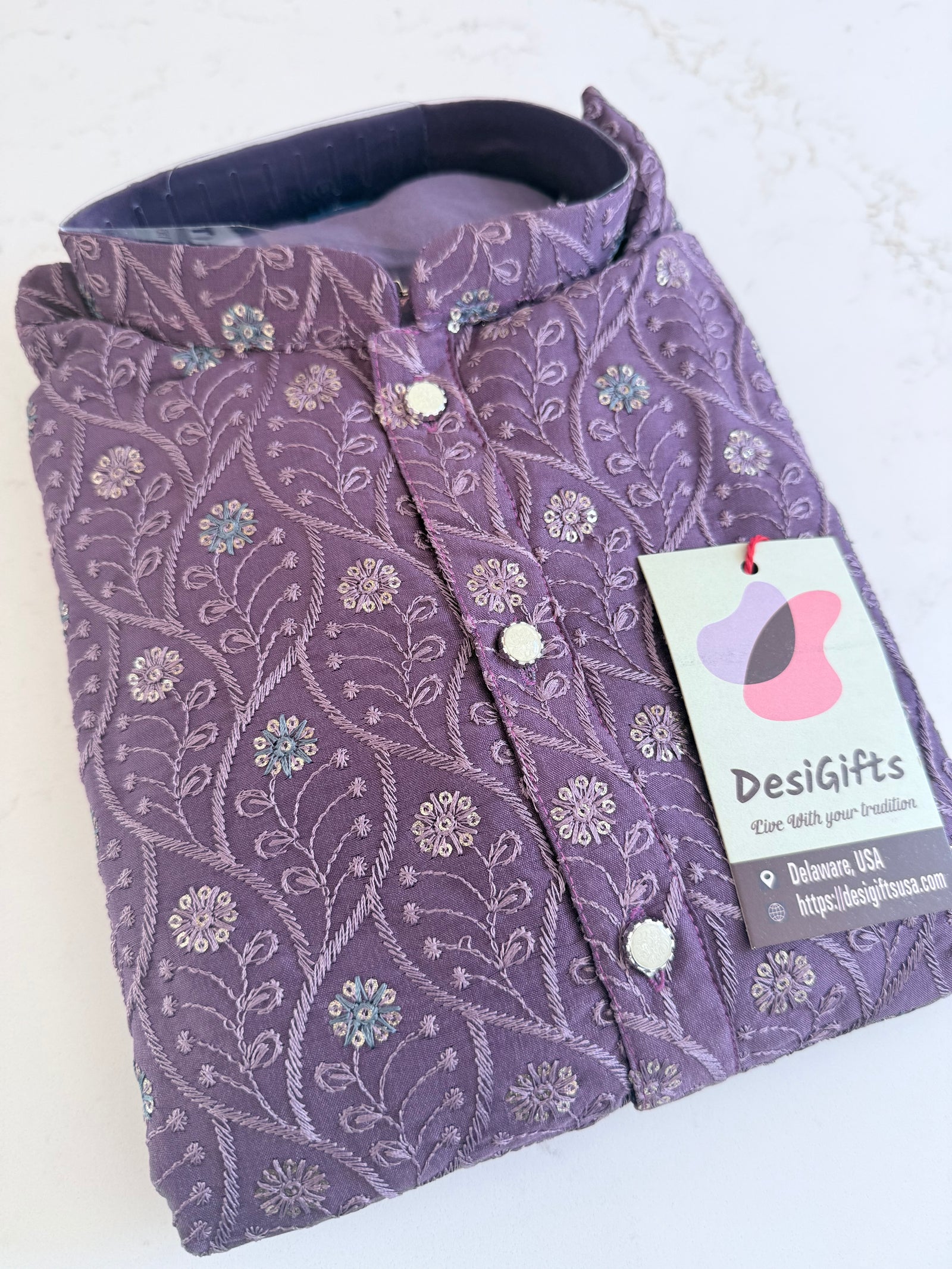 Pre-Teen and Teen Boy's Chikankari Embroidered Rayon Kurta Pajama with Sequins , Purple Shade, - BOY-2006