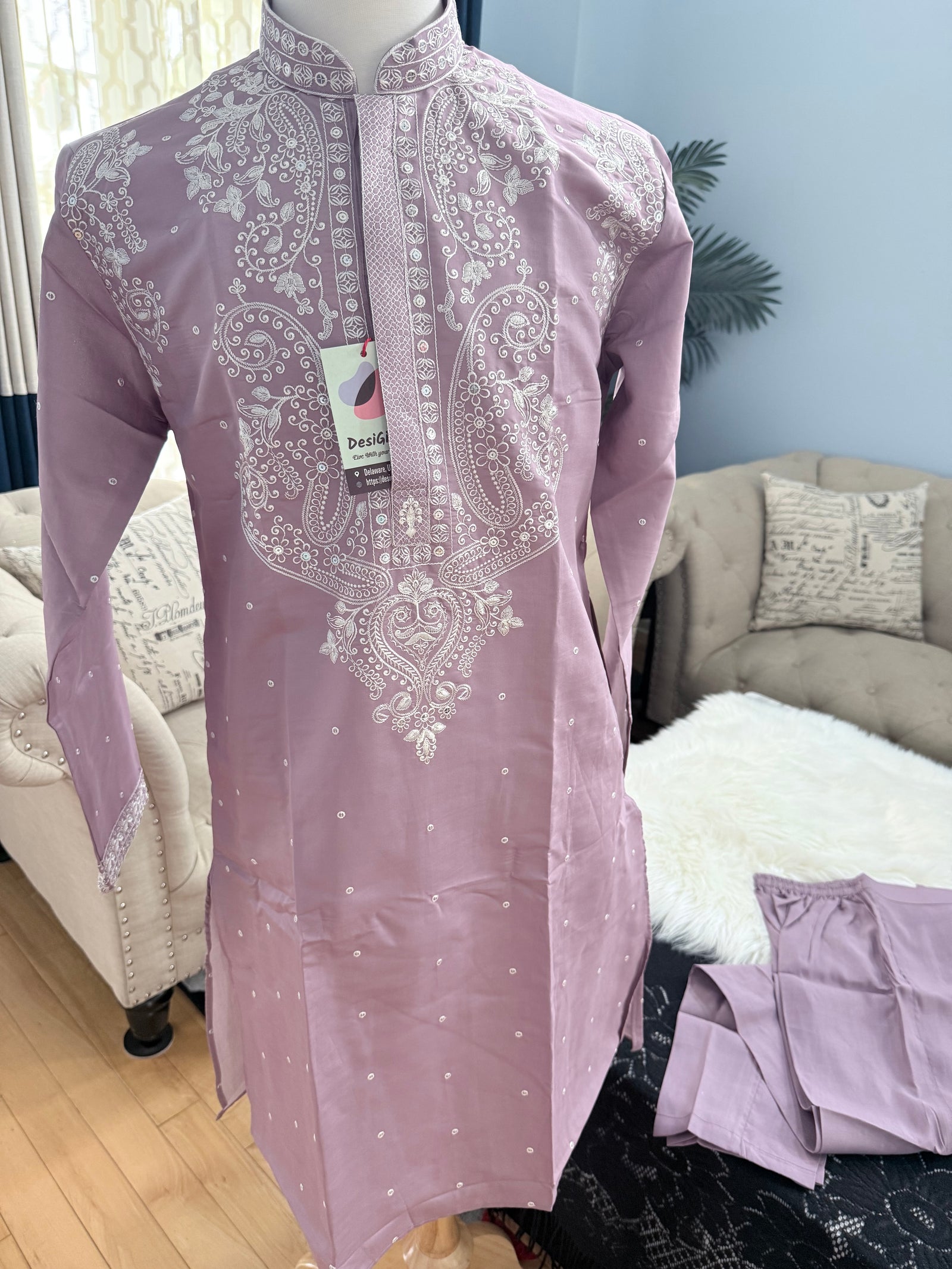 Lavender Shade Trendy Kurta Pajama Set for Men with Intricate White Embroidery, Wedding & Festive Indian Outfit, KP-1417