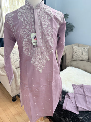 Lavender Shade Trendy Kurta Pajama for Men with Intricate White Embroidery, Wedding & Festive Indian Outfit, KP-1417