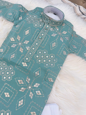 Father & Son Matching Turquoise Blue Kurta Pajama Set | Silver Zari-Style Embroidery, Sequin Work | Festive Wear, DM -4025