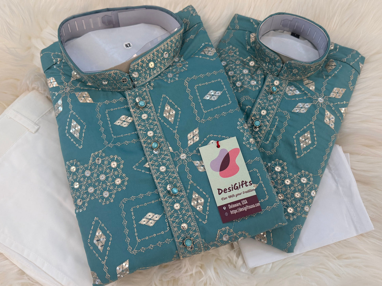 Father & Son Matching Turquoise Blue Kurta Pajama Set | Silver Zari-Style Embroidery, Sequin Work | Festive Wear, DM -4025