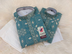 Father & Son Matching Turquoise Blue Kurta Pajama Set | Silver Zari-Style Embroidery, Sequin Work | Festive Wear, DM -4025