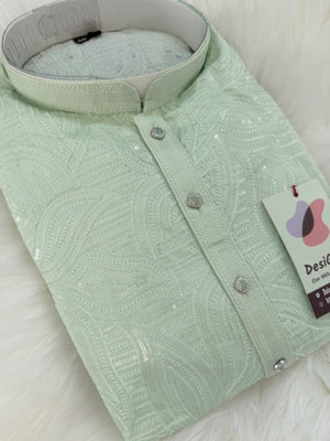 Light Green Jacquard Silk Kurta Pajama Set with Off-White Pant for Men – Self Design Ethnic Kurta, KPS-3027