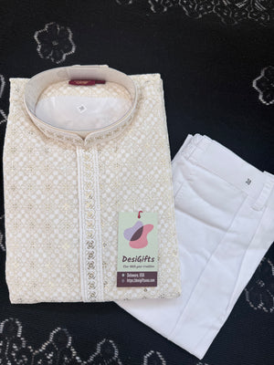 Ivory Cream Embroidered with Sequins Kurta Pajama for Men | Traditional Indian Threadwork Ethnic Outfit, KP - 3023