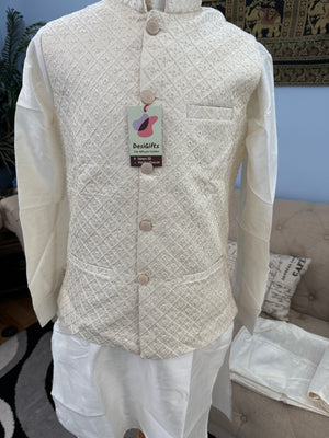3 Piece Cream Kurta Pajama, Pant Style, with Embroidered Sequins Jacket Set-Silk Fabric, JKP- 1926)