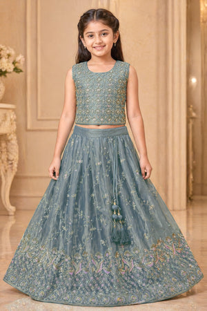 Baby Girls’ Embroidered Lehenga Choli Set in Teal Blue & Slate Gray, Festive Indian Ethnic Outfit Lehenga Dress, GRL-2091