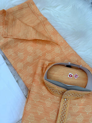 Men's Peach Orange Kurta Pajama Set | Jacquard silk Kurta Set with Trouser Pant | Traditional Indian Wedding, Diwali & Festive Wear, KP-4088