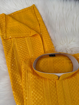 Exquisite Chikankari Sequins 2 Piece Kurta Pajama Set for Man, Yellow Shade, Embroidered Party Man's Wear, KP - 2045