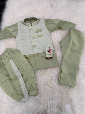 Green Shade 4 Piece Boy's Cotton  Silk Ethnic Kurta with Jacket, Dhoti and Pajama- Design B-2005