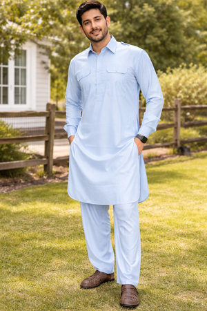 Sky Blue Pathani Cotton Kurta Indian Design Panjabi look, Kurta pajama Set, Men Design KPS- 913