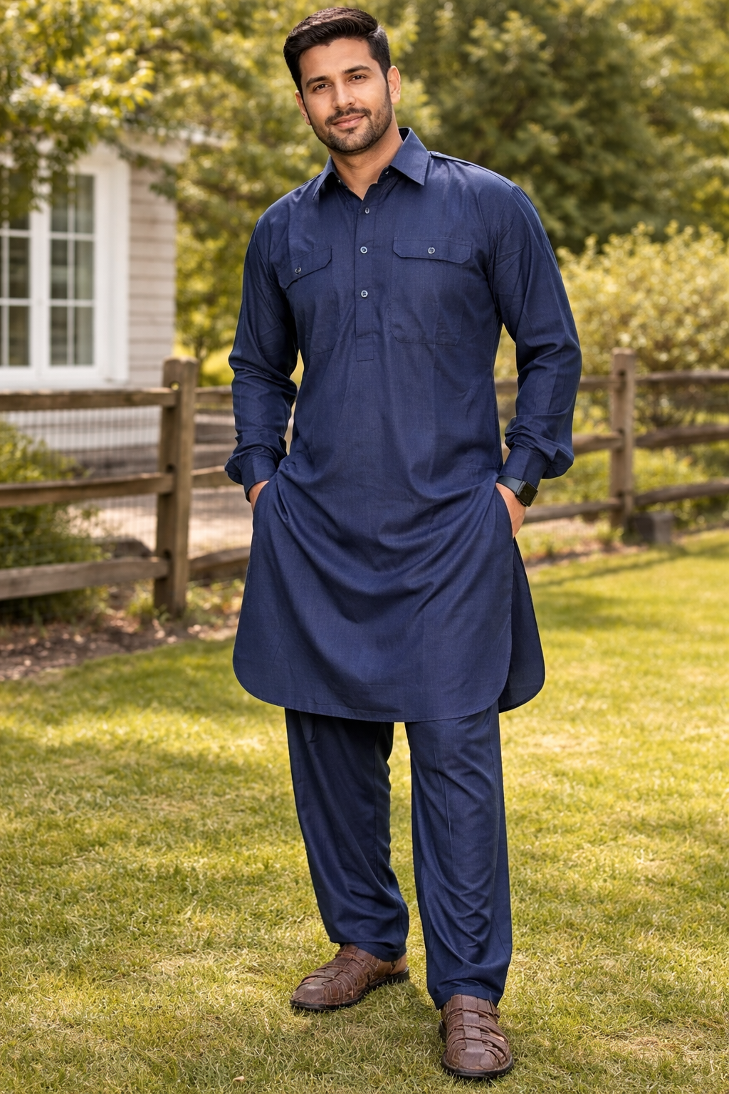 Navy Pathani Cotton Kurta Indian Design Panjabi look, Kurta Pajama set, Men - 912