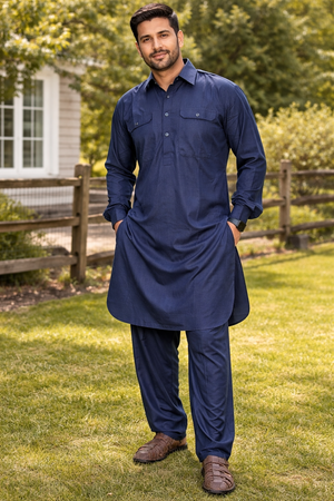 Navy Pathani Cotton Kurta Indian Design Panjabi look, Kurta Pajama set, Men - 912