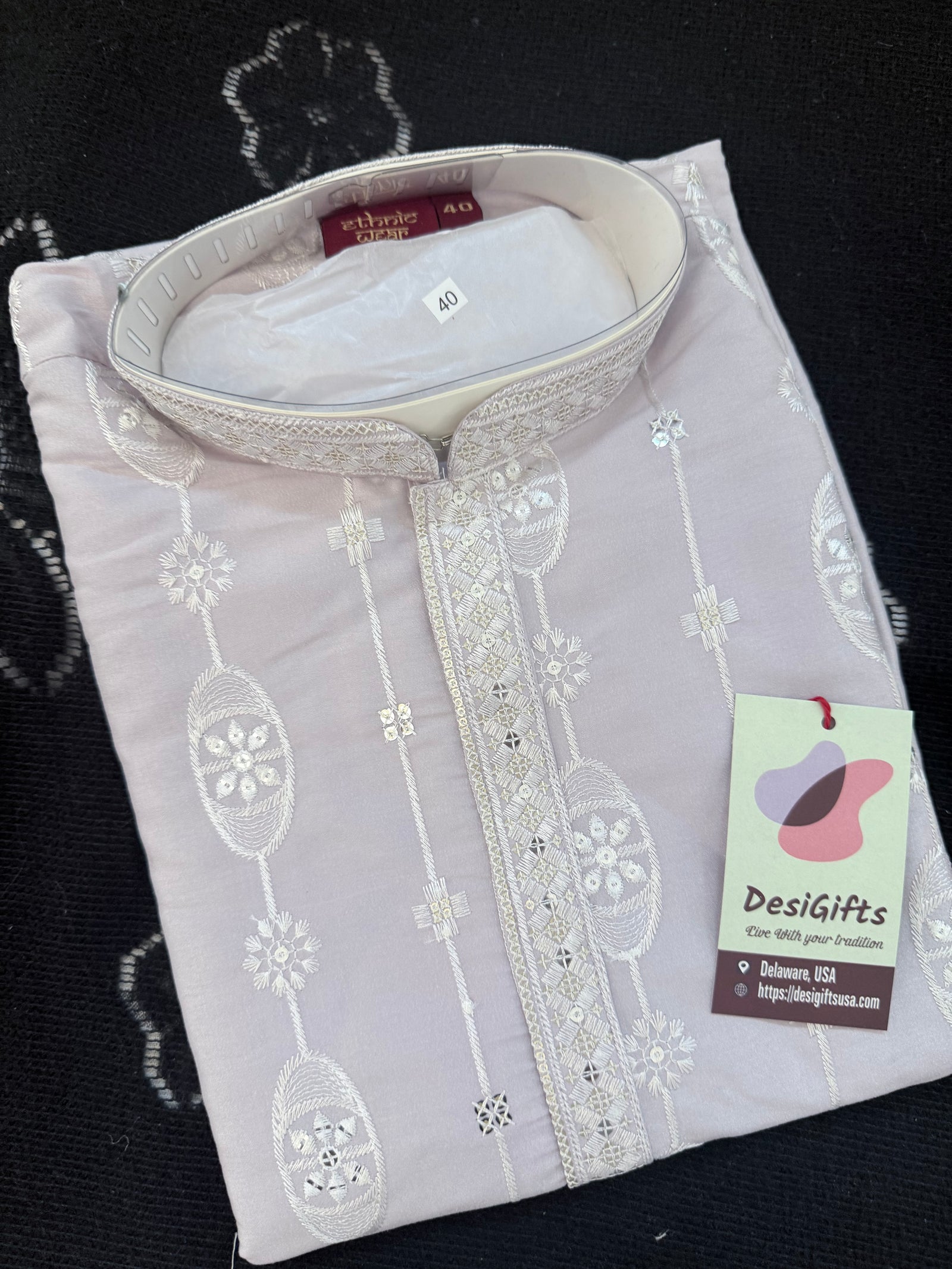 Men’s Embroidered Pastel Purple Kurta Pajama Set with Sequin Work, Indian Ethnic Wear for Wedding & Festival, KPS-3025